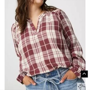 Torrid Burgundy and Cream Plaid V-Neck Blouse Harper
